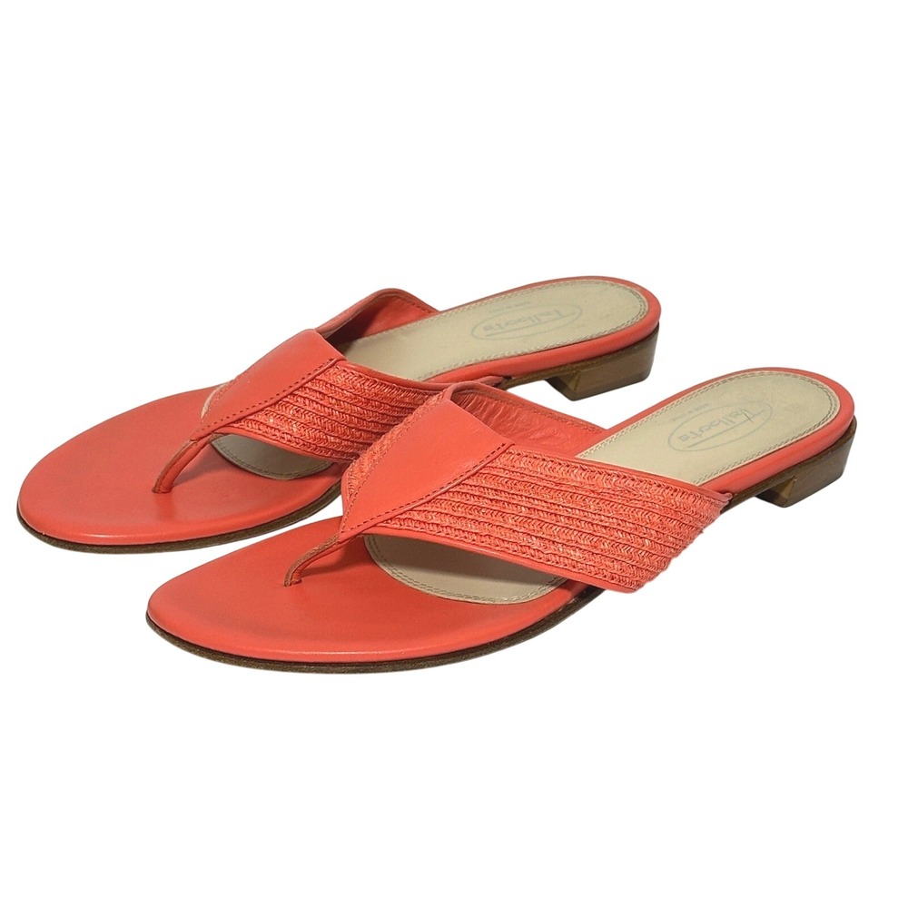 Talbots Womens Sandal 7B Coral Leather Raffia Thong Block Low Heel Casual Beachy